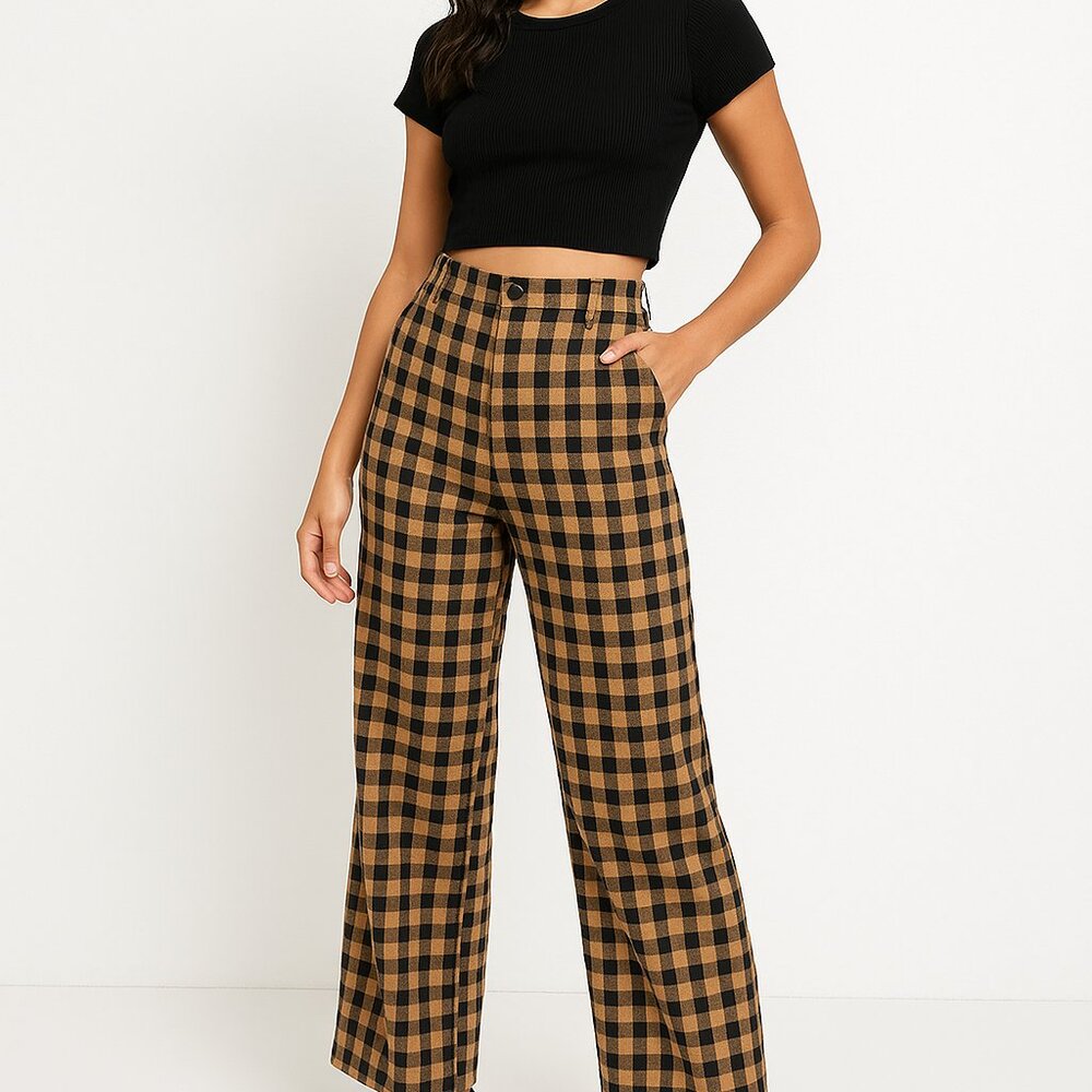 Nasty Gal Collection Tan Black Checkered Wide Leg Pants Size 6